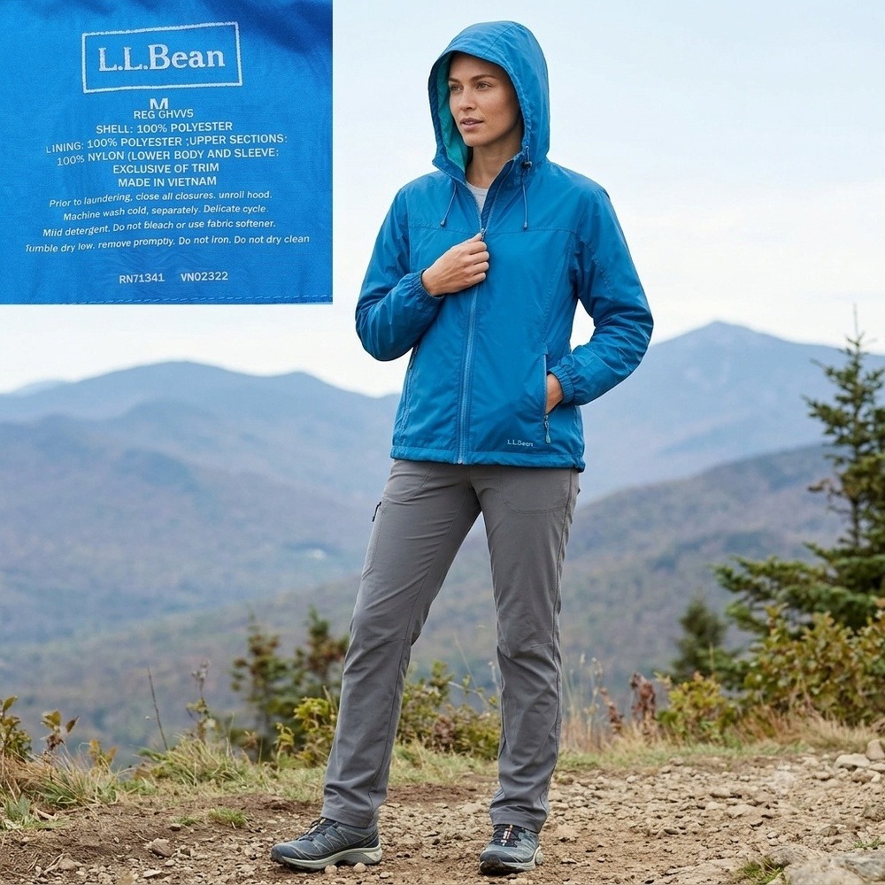 LL Bean Windbreaker Jacket Womens Size M Blue Hooded Full Zip OHVV5